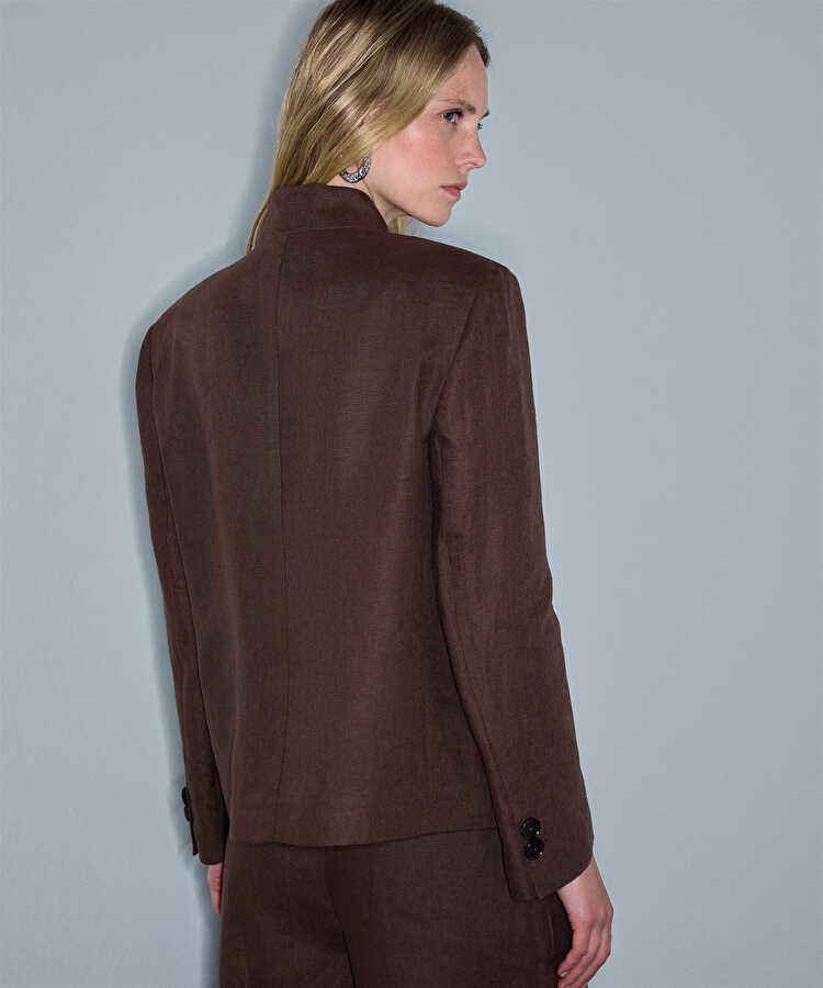Yüksek yaka keten blazer  - IS1260106075074 - Kahverengi Blazer