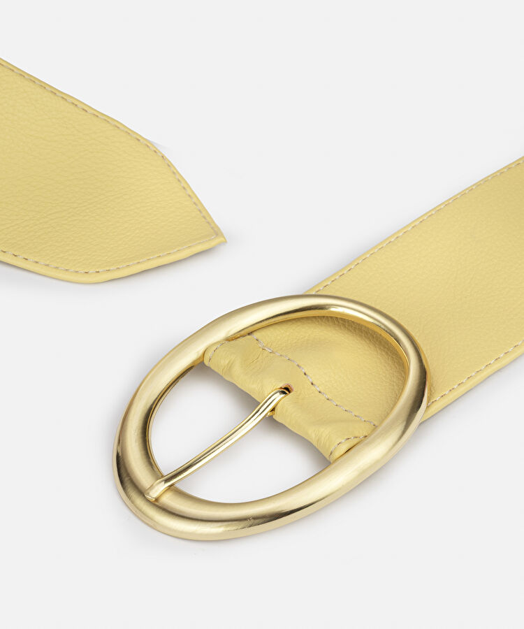 Oval metal tokalı deri görünümlü kemer - IS1260053053009 - Sarı Kemer