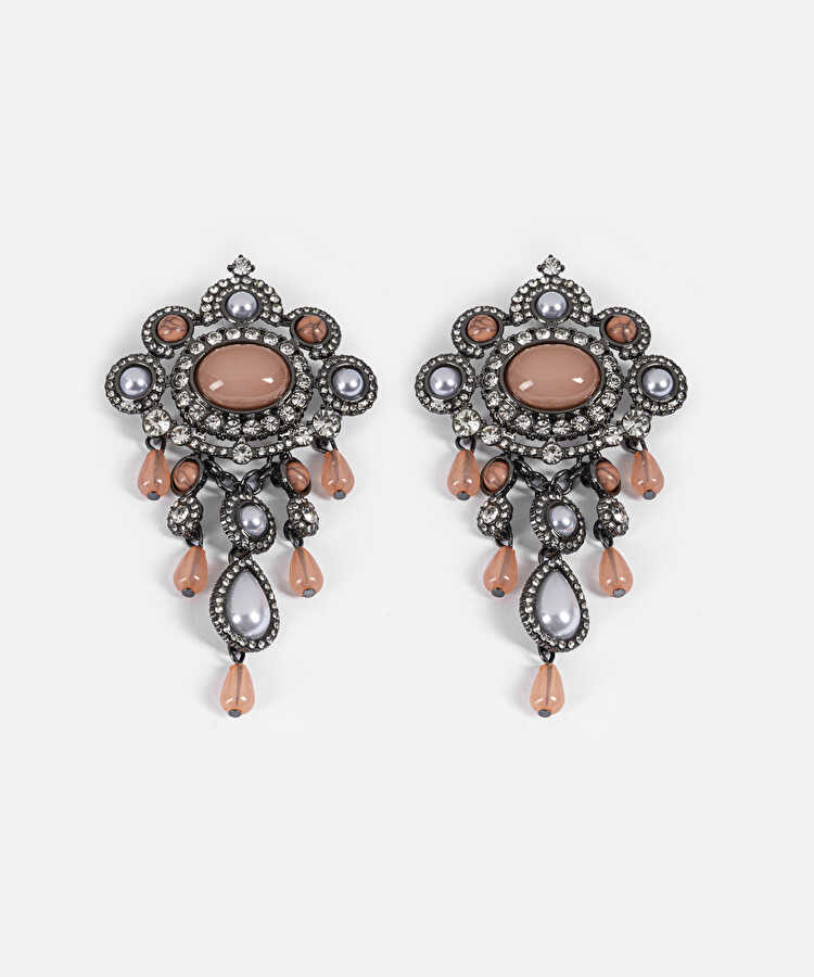 Strass taşlı ve suni incili maksi küpe - IS1260068153122 - Gümüş Küpe