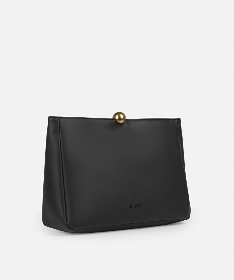 Metal tokalı deri görünümlü clutch - IS1260121003001 - Siyah Clutch
