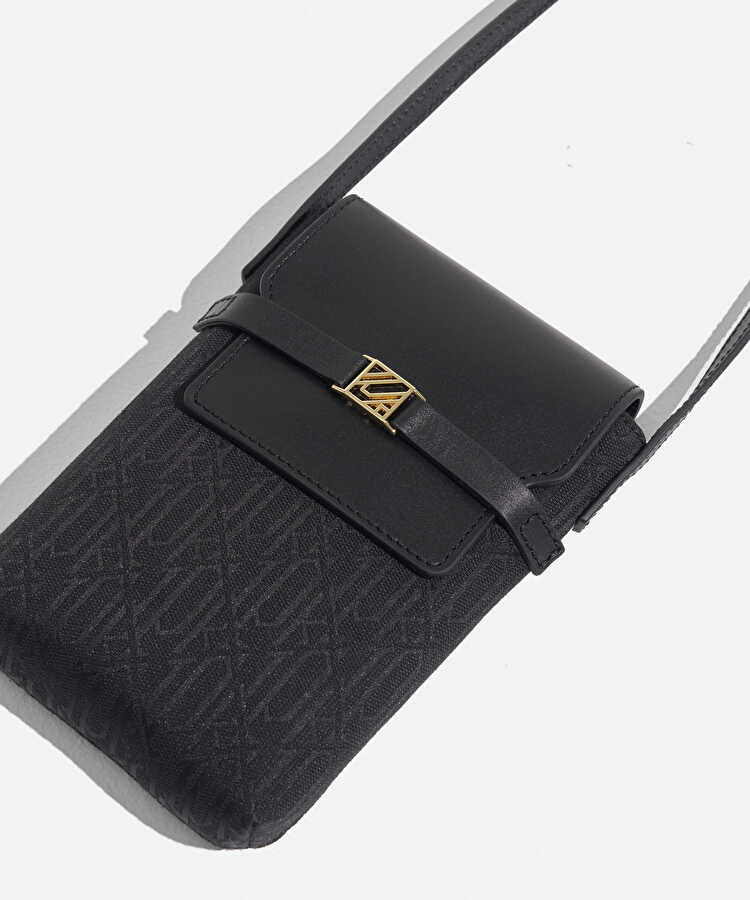 Deri kapaklı monogram telefon çantası - I00000052125001 - Siyah Çanta