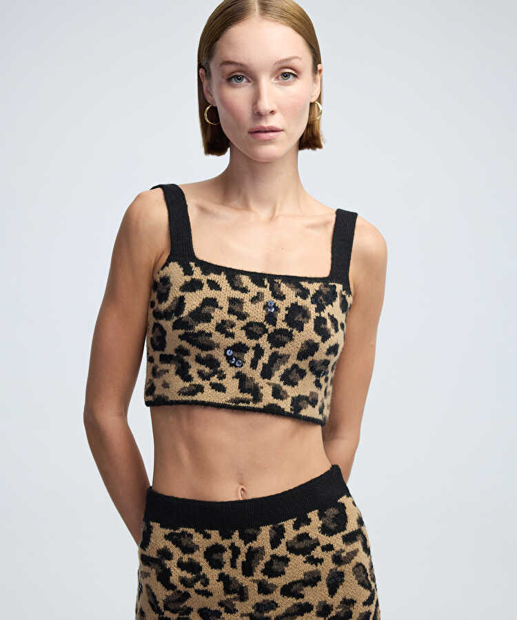 Leopar jakarlı ve işlemeli triko - IW6240050303027 - Kamel Triko Atlet