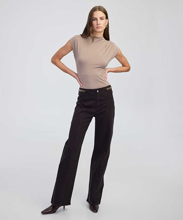 Zincir aksesuarlı wide leg jean pantolon - IW6250018047074 - Kahverengi Jean Pantolon