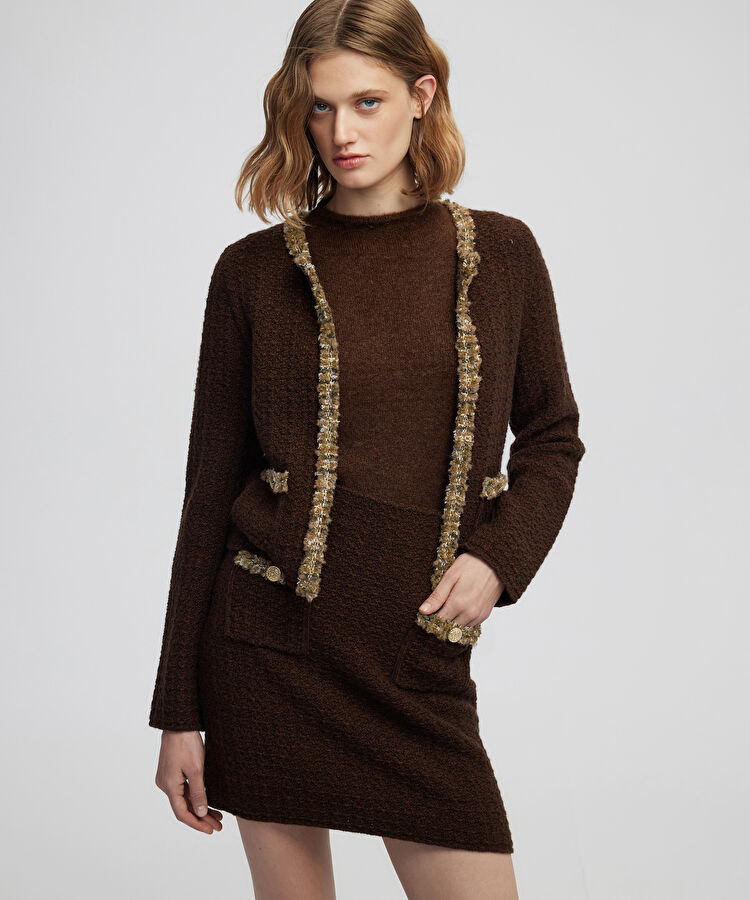 Kontrast şeritli triko hırka