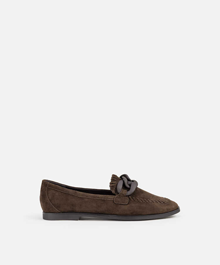%100 süet deri loafer - IW6250030003074 - Kahverengi Düz Ayakkabı