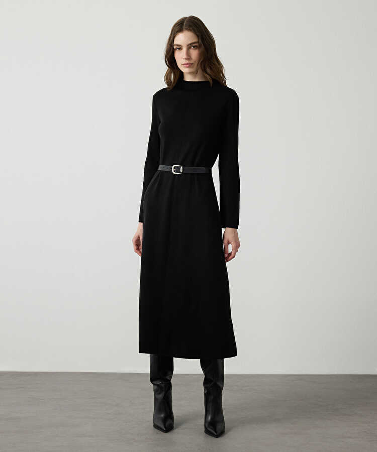 Kemerli triko elbise - IW6260002206001 - Siyah Elbise