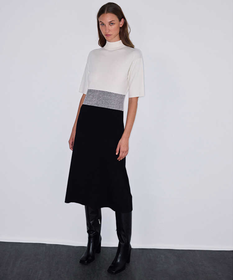 Colorblock triko elbise - IW6260002213018 - Ekru Elbise