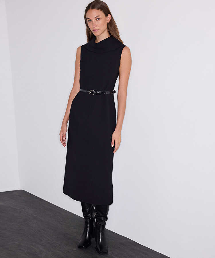 Kemerli midi elbise - IW6260002214001 - Siyah Elbise