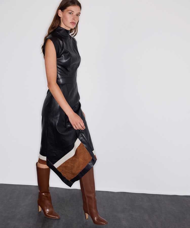 Deri görünümlü colorblock elbise - IW6260002221001 - Siyah Elbise