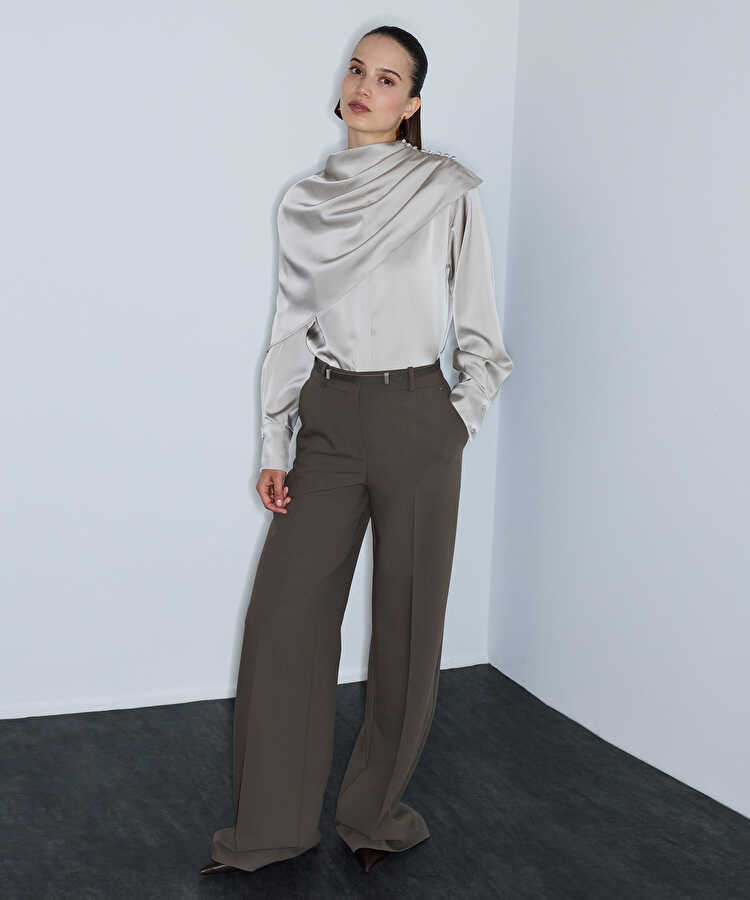 Kemerli wide leg pantolon - IW6260003101957 - Koyu Vizon Pantolon