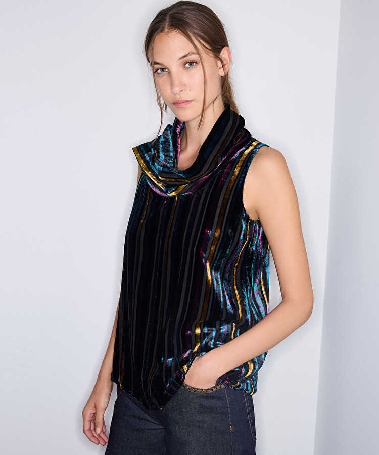 Çizgili kadife bluz - IW6260006146015 - Lacivert Bluz