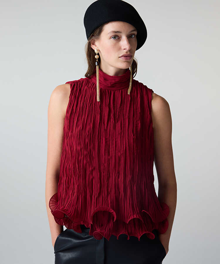 Kırışık efektli volanlı bluz - IW6260006168049 - Vişne Bluz