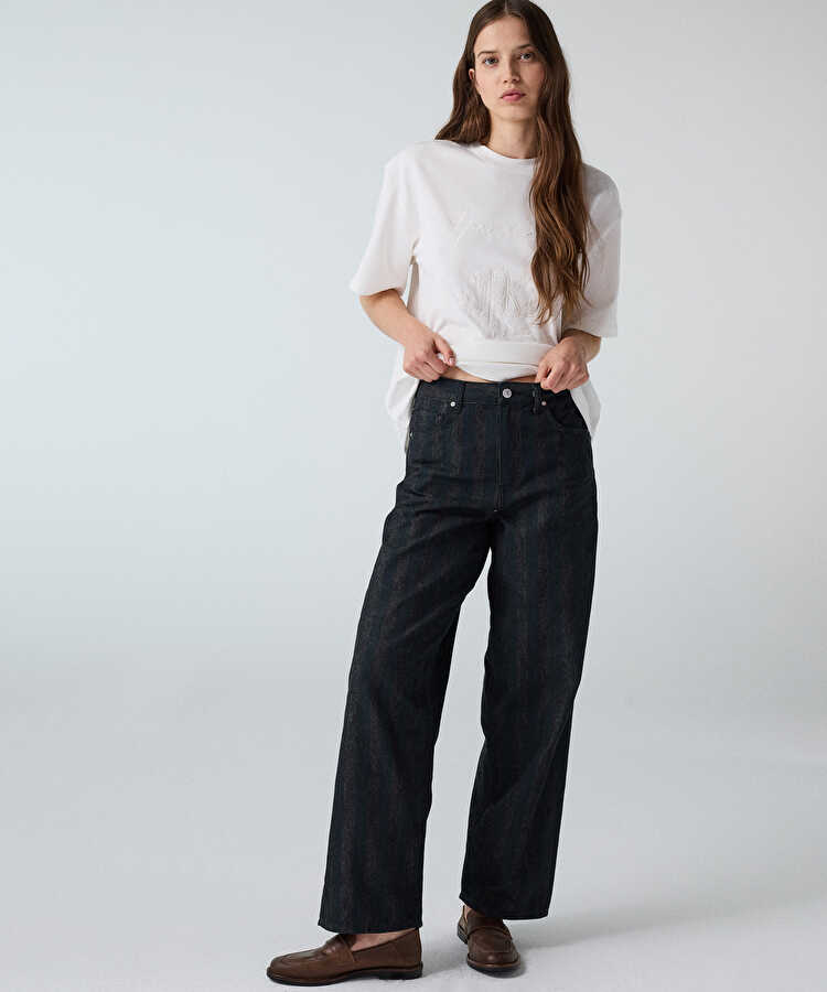 Çizgi desen barrel fit jean pantolon - IW6260018032001 - Siyah Jean Pantolon