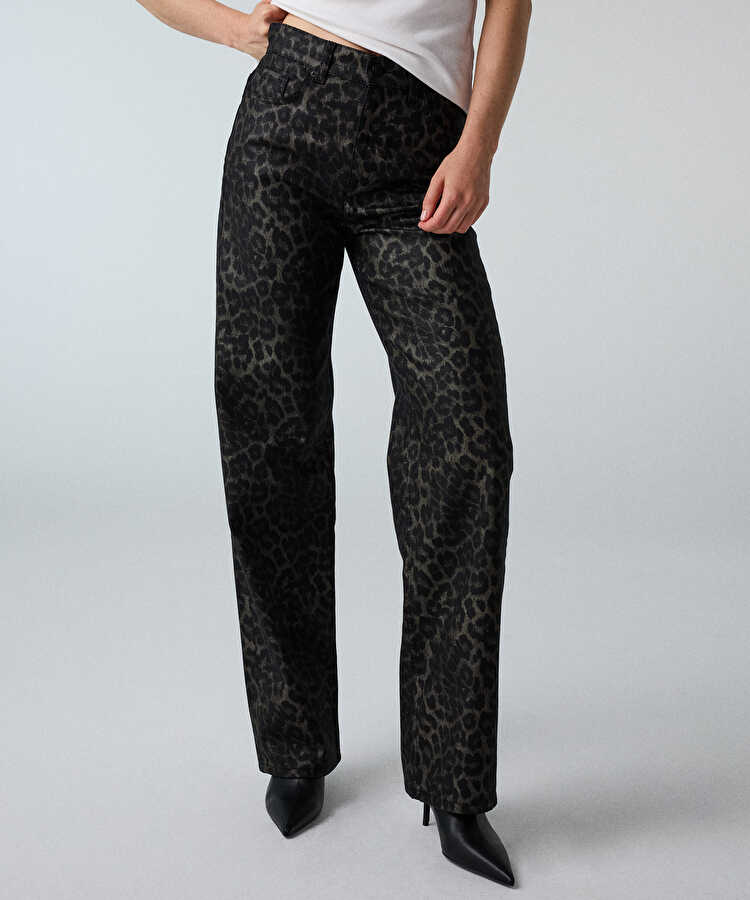 Leopar desen wide leg jean pantolon - IW6260018036001 - Siyah Jean Pantolon