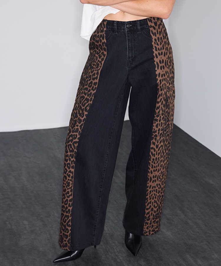 Leopar desen mix jean pantolon - IW6260018054001 - Siyah Jean Pantolon
