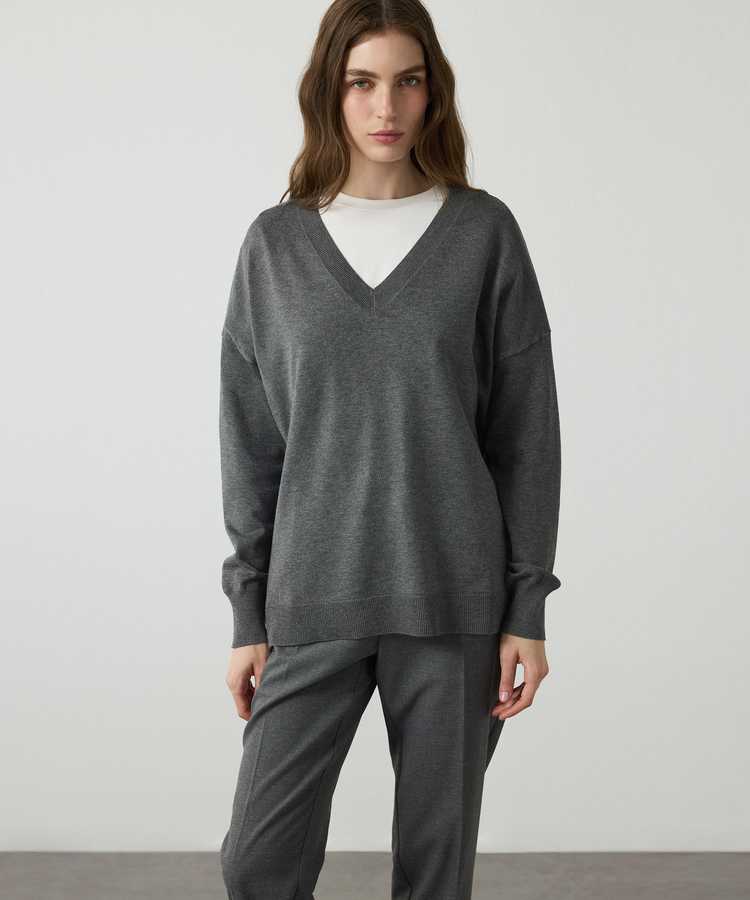 V yaka basic triko - IW6260050131126 - Gri Triko