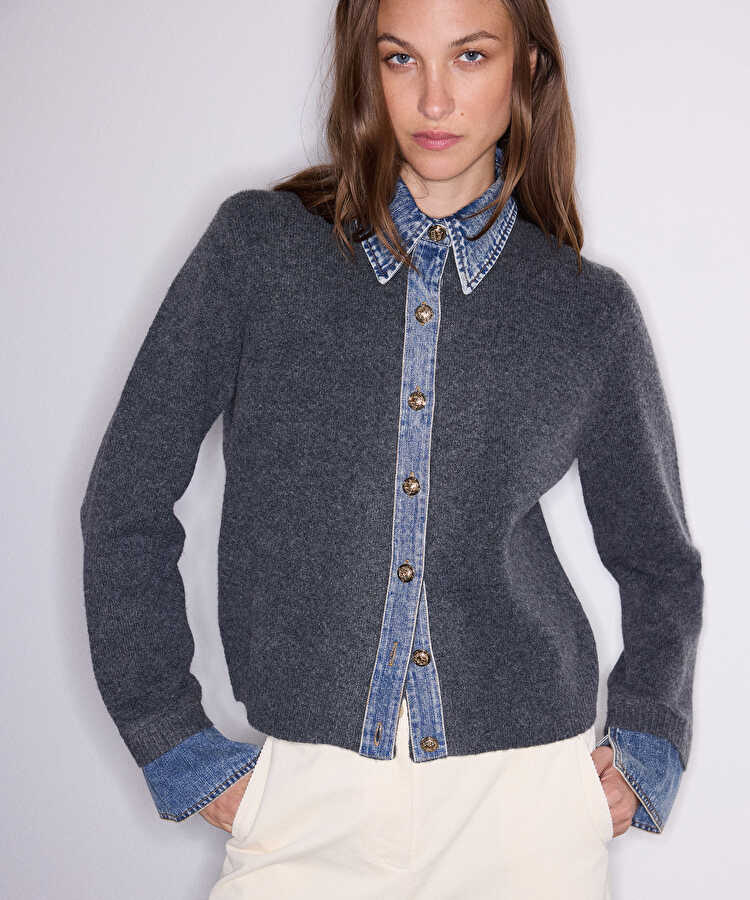 Çift parça görünüm denim mix triko - IW6260050193126 - Gri Triko