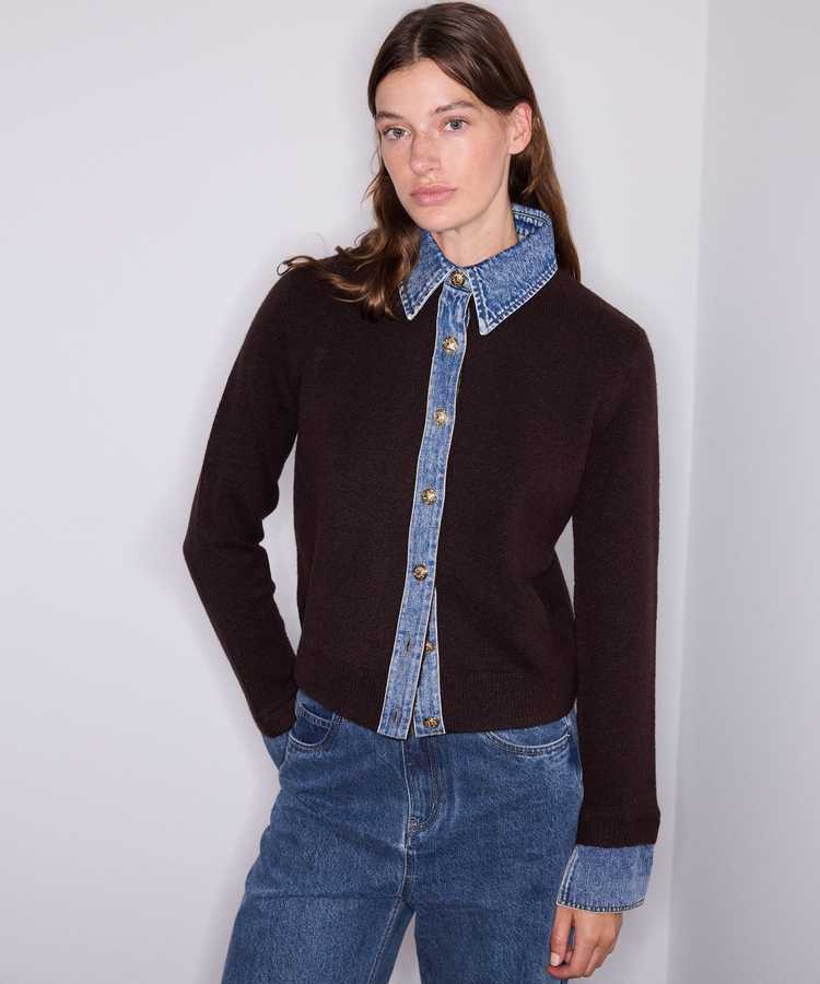 Çift parça görünüm denim mix triko - IW6260050193186 - Kahve Triko