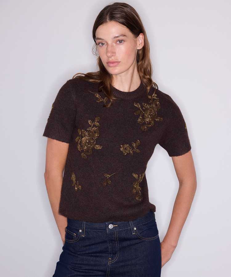 Floral boncuk işlemeli triko - IW6260050229074 - Kahverengi Triko