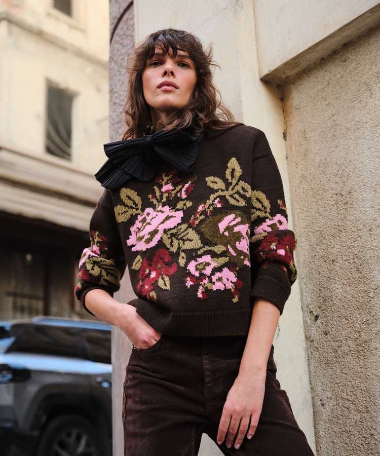 Floral jakarlı kazak - IW6260050302006 - Koyu Kahverengi Triko