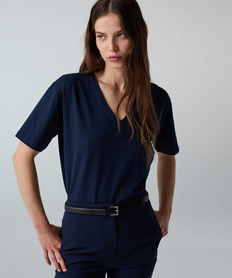 V yaka basic tişört - IW6260070138015 - Lacivert Tişört