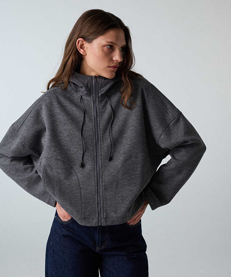 Kumaş mix kapüşonlu sweatshirt - IW6260091108036 - Antrasit Sweatshırt