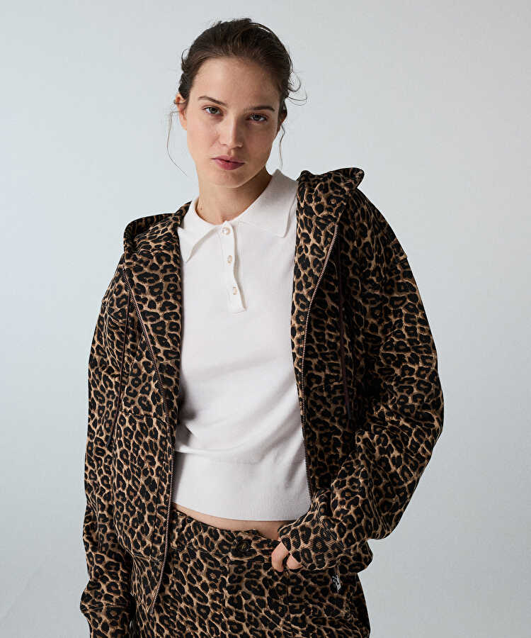 Leopar desen oversize sweatshirt - IW6260091111074 - Kahverengi Sweatshırt