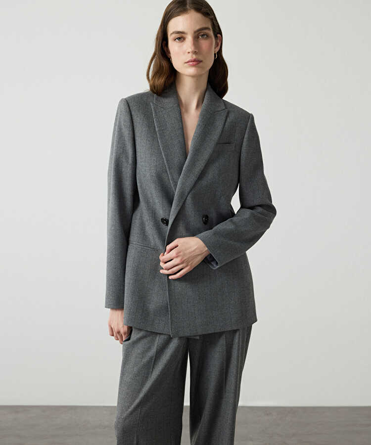 Çizgili kruvaze blazer - IW6260106103005 - Gri Blazer