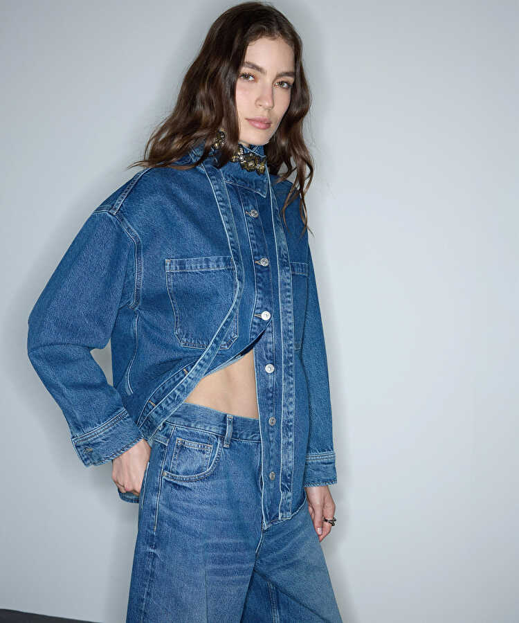 Yakası bağlamalı denim gömlek ceket  - IW6260148024CC2 - Açık İndigo Gömlek Ceket