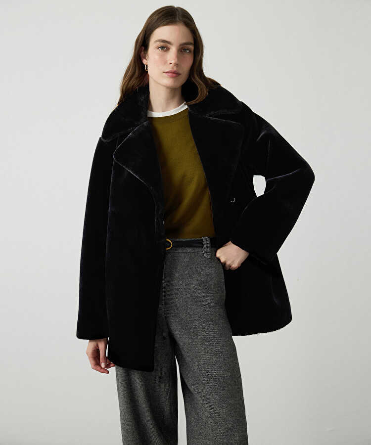 Geniş yakalı oversize suni kürk - IW6260149101001 - Siyah Suni Kürk