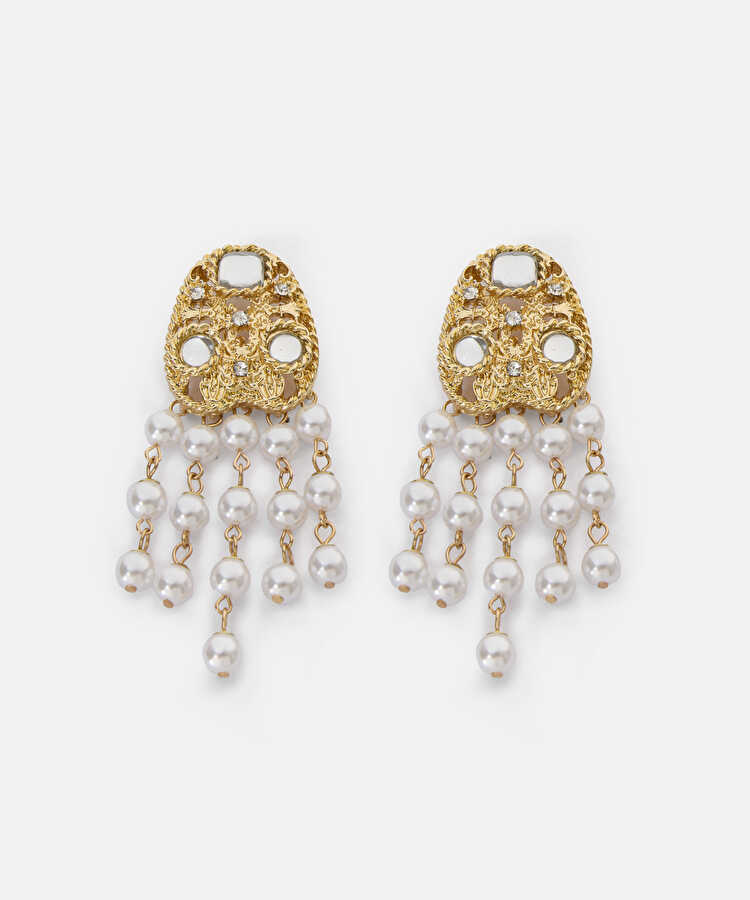 Strass taşlı ve suni incili sallantılı küpe - IW6260068032265 - Altın Küpe
