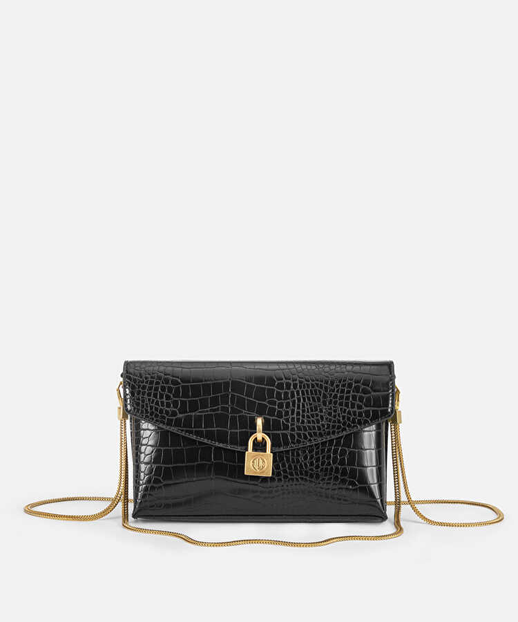 Kapaklı timsah derisi görünümlü clutch - IW6260121002001 - Siyah Clutch