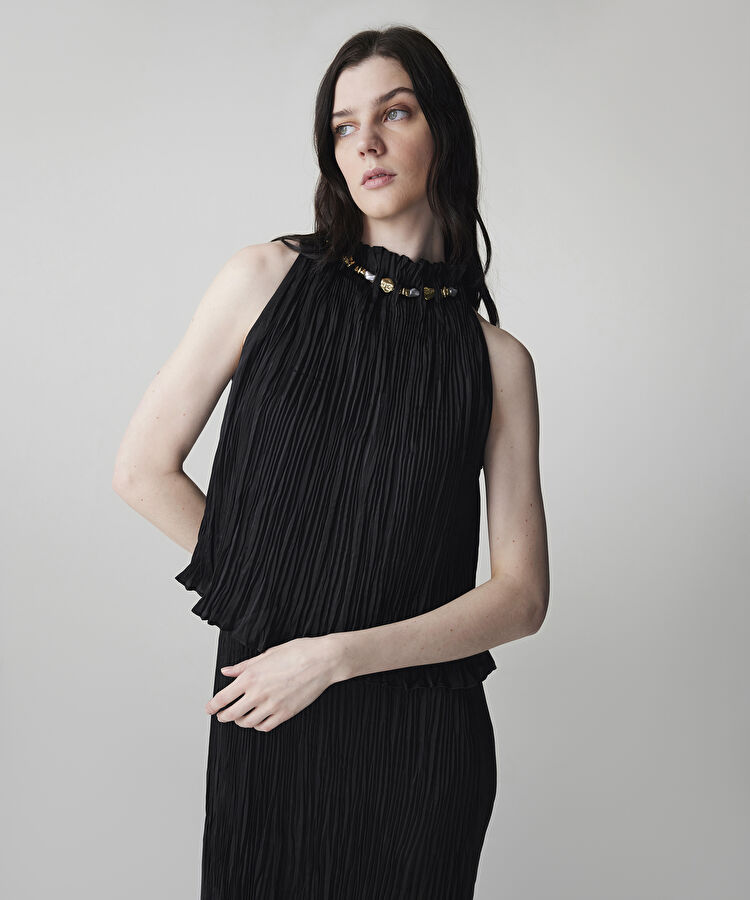 Karma aksesuarlı dokulu elbise  