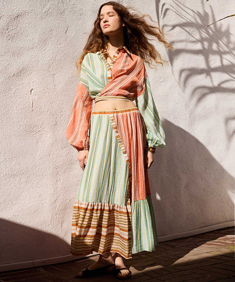 Çizgili colorblock etek - IS1260004112019 - Somon Etek