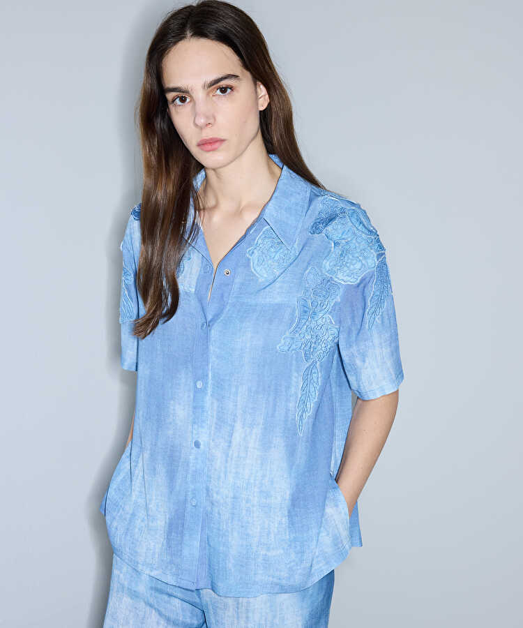 Denim görünümlü baskılı ceket - IS1260005088629 - İndigo Ceket