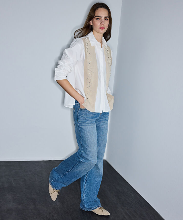 Karma aksesuarlı kumaş mix gömlek — photo 2