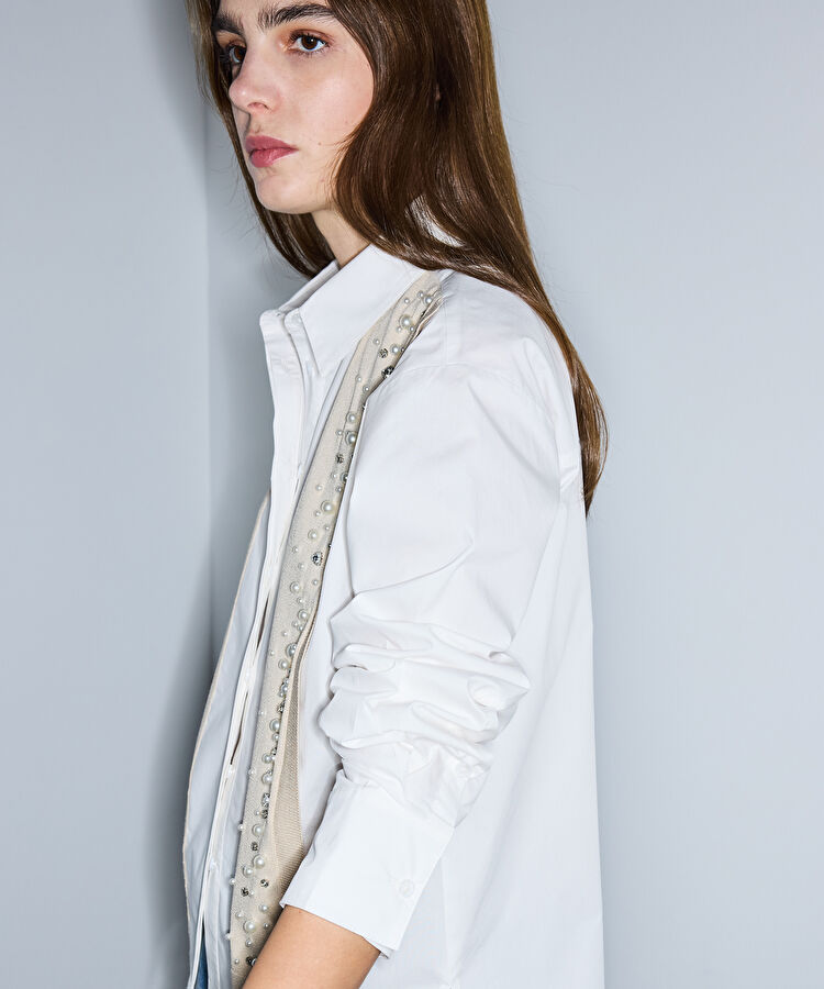 Karma aksesuarlı kumaş mix gömlek — photo 5