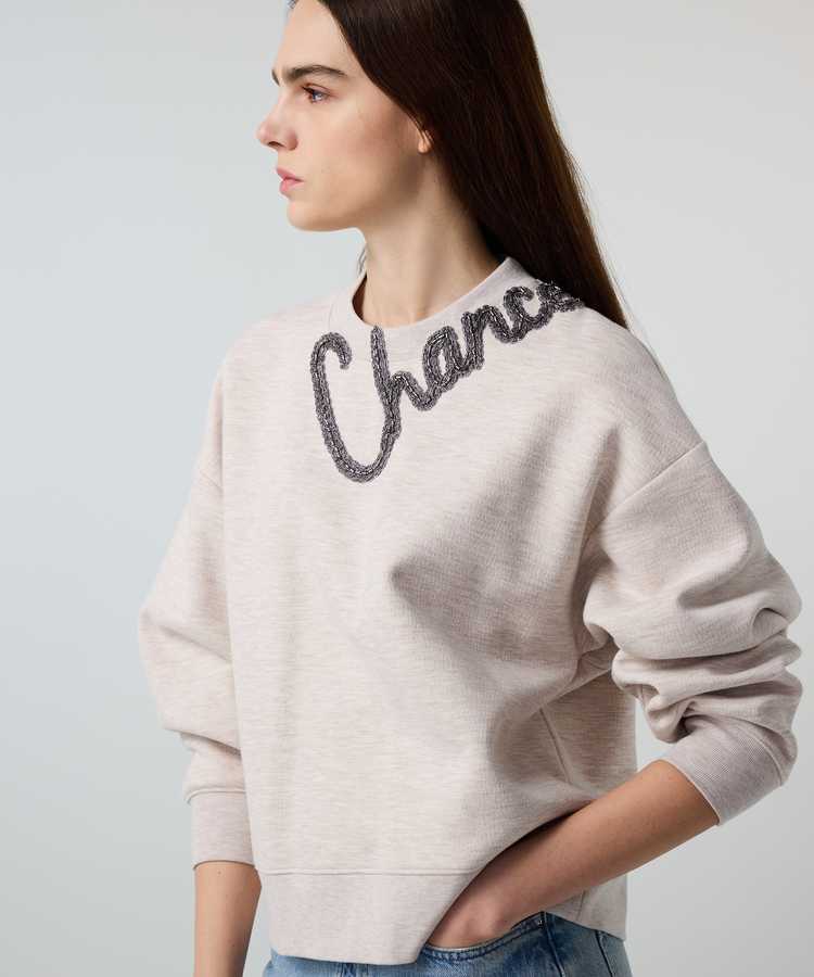 Slogan nakışlı boncuklu sweatshirt - IS1260091008023 - Bej Sweatshirt