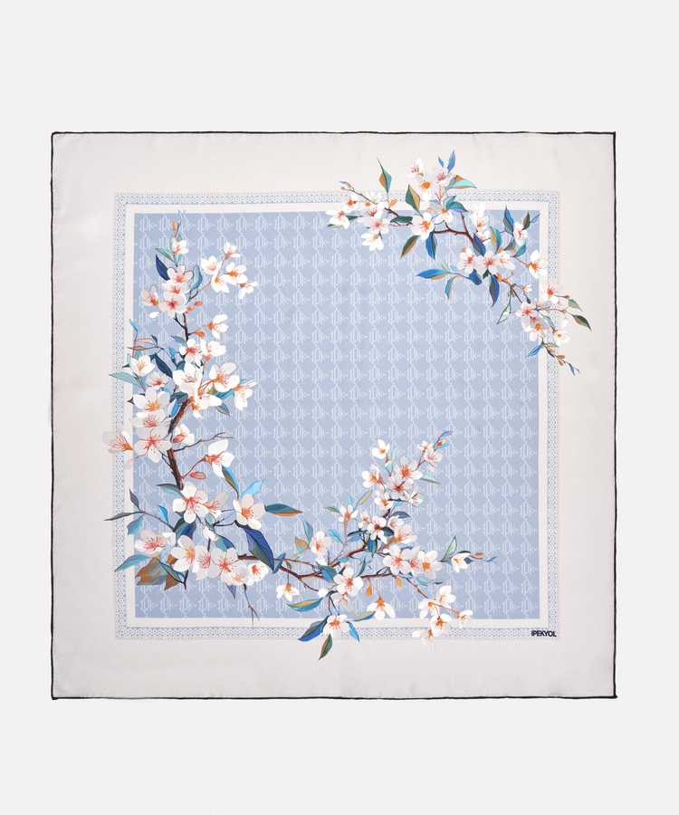 Çiçek ve monogram baskılı ipek eşarp - I00000082036028 - Açık Mavi Eşarp